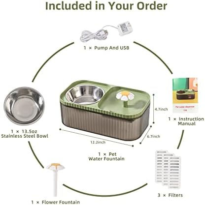 Cat Water Fountain and Food Bowl, 3L/101oz Ultra Quiet Pet Water Dispenser with Smart Pump and 3 Replacement Filters, Automatic Flower Fountain & Stainless Steel Bowl (Black & Green) - Image 3