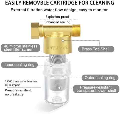 YH01 Reusable Washing Machine Water Filter, 40 Micron Brass Sediment Filter, for Washer, Heater, Garden, Protecting Appliances, Reduces Clothes Yellowing, Anti Scale Shower Filter - Image 2