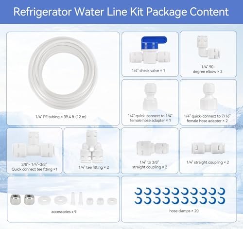 Refrigerator Water Line Kit, 39.3 FT Fridge Water Line Kit, 1/4" O.D. Water Tubing Hose with Quick Connect for Fridge Ice Maker R.O. Systems Water Filters Faucet - Image 2
