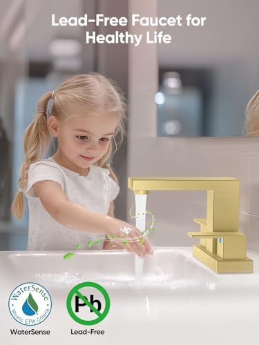 Cobbe Bathroom Faucets for Sink 3 Hole, Brushed Gold Bathroom Sink Faucet Square 4 Inch Centerset with Pop-Up Drain, 2 Handle and 2 Supply Hoses, Lead-Free Stainless Steel for Vanity, Rv, Farmhouse - Image 3