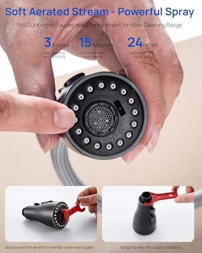 Pull Down Kitchen Faucet Sprayer Head Replacement Part, 15 Connectors, 3 Function Pull Out Sink Sprayer Replacement Nozzle, Kitchen Faucet Head Hose Spray Tap Spout,Oil Rubbed Bronze - Image 6