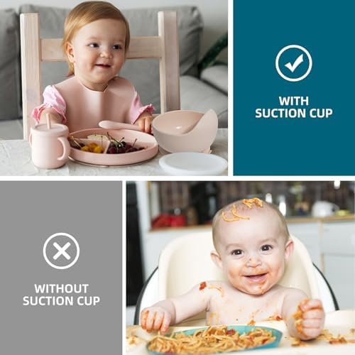 100% Silicone Baby Feeding Set,BPA Free Baby Dishes Set with Suction Bowl Divided Plate,Toddler Self Feeding Dish Set with Spoons Forks Sippy Cup and Bib, Baby Eating Utensils (Pink) - Image 5