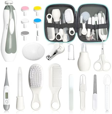 Baby Healthcare and Grooming Kit, 21pcs Baby Electric Nail Trimmer Set Newborn Nursery Health Care Set for Newborn Infant Toddlers Baby Boys Girls Kids Haircut Tools (21 Kits Grey White) by Esonto