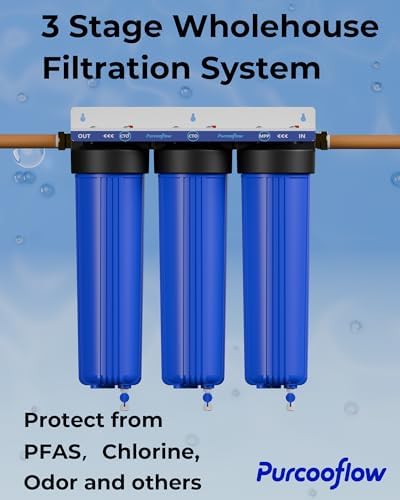 3-Stage Whole House Water Filter System, 20x4.5 Inch, Includes 2 Sets of PP, CTO & PFAS Carbon Block, 1" NPT Brass Ports, Drain Valves, Wrench & Install Kit - Image 5