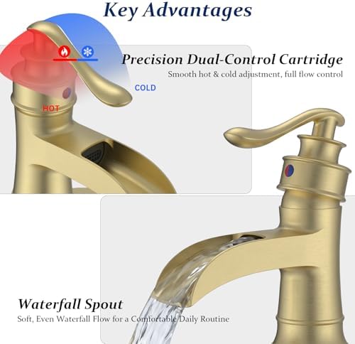 BWE Solid Brass Brushed Gold Waterfall Bathroom Faucet for Modern & Classic - Image 4