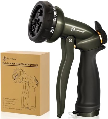 AUTOMAN Garden Hose Nozzle - 7 Patterns Sprayer, 100% Metal High Pressure Spray Nozzle, Labor-Saving Design, Heavy Duty Water Hose Nozzle for Garden Watering, Car Washing, Window Cleaning,Pets Bathing by AUTOMAN