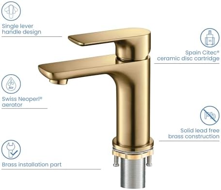 KIBI Tender Brushed Brass Bathroom Sink Faucet with Pop-Up Drain | Single Handle Solid Brass High Arc Spout | Smooth Water Flow and Corrosion-Resistant (Brushed Brass W/Pop Up Drain) - Image 4