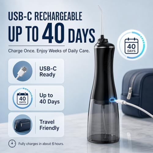 MOCEL Water Dental Flosser Oral Irrigator with 5 Modes, 350ml Cordless Water Teeth Cleaner Pick 6 Tips, IPX7 Waterproof Rechargeable Portable Powerful Battery for Travel & Home Braces & Bridges Care - Image 3