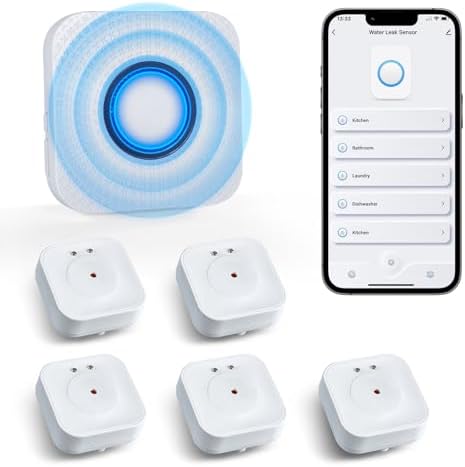 WiFi Water Sensors - 110dB Detector with Real-time APP Notifications | 5Pack Leak Alarm with Remote Control, 2.4G Sensors for Home by NESOVI