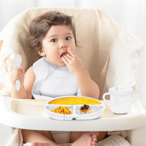9pc BPA Free Silicone Baby Feeding Set - White: Suction Bowl, Divided Plate, Sippy Cup, Bib, Spoons, Forks - Baby Eating Utensils - Image 6