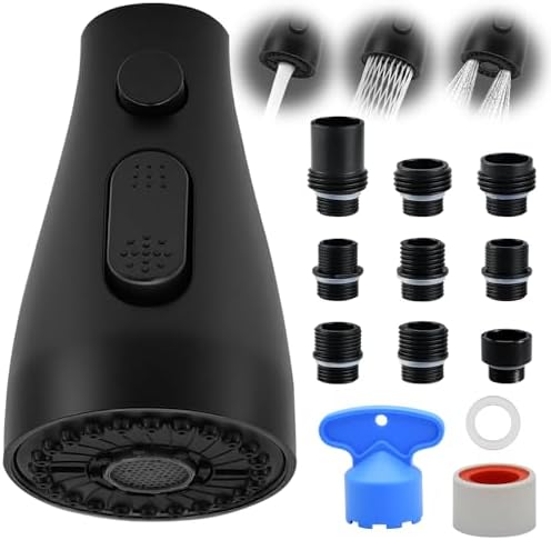 Kitchen Faucet Head Replacement, 3-Function Pull Down Spray Head with 9 Adapters, Sink Faucet Spray Head Compatible with Moen, Delta, American Standard Faucet, etc, Matte Black by Unknown