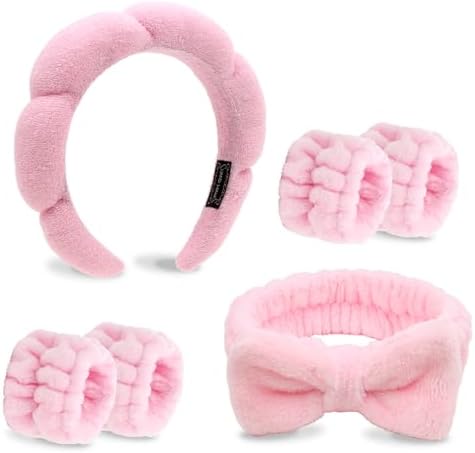Pink Skincare Bubble headband and wristband set for Face Washing by TIOSRU