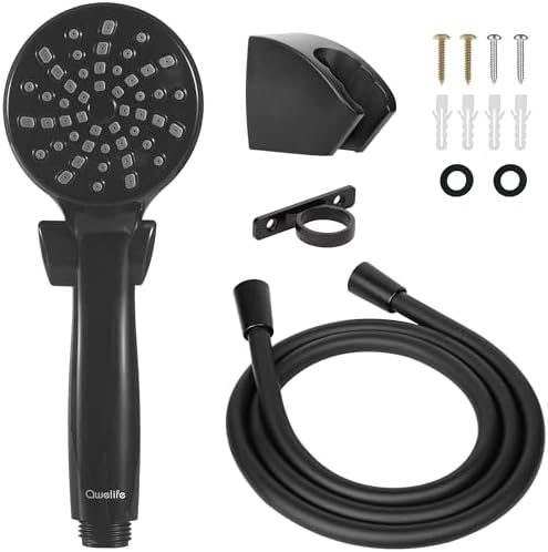 RV Shower Head with Hose and On Off Switch (Trickle), Water Saving High Pressure Shower Head with Hose Guide Ring, Shower Holder for RV, Camper, Van, Travel Trailer, Motorhome, Boat, Black by Awelife