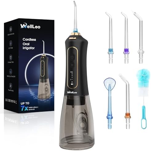 WellLeo Water Flossers for Teeth, 300ML Cordless Oral Irrigator Rechargeable Dental Flosser Picks with 5 Modes 5 Jet Tips,IPX7 Waterproof Teeth Cleaner for Braces Gum Care, Home Travel Use by Wellleo