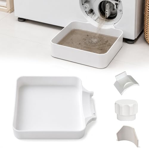 Washing Machine Drain Pan with 3 Accessories, Low Profile Washer Drain Tray for Front Load Washer Filter Cleaning, Water Catch Drip Tray, No Washer Moving Required, White by Mudocp