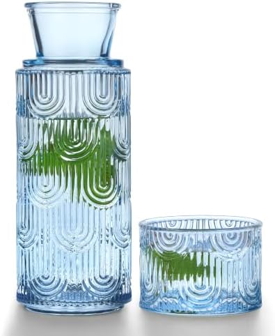 Bedside Water Carafe and Glass Set, 21.6oz, Mist Blue by Unknown
