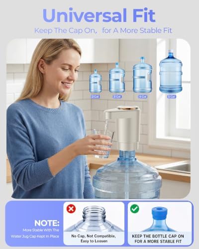 Water Jug Pump for 5 Gallon Bottle – Portable Electric USB-C Charging Dispenser, Dual Powerful Motors, Fast Flow, Fits 2-5 Gallon Jugs – Ideal for Home, Office, Camping, RV, Beige - Image 5