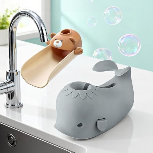 Skyroku Toddler Faucet Extender & Blue Bathtub Spout Cover, Sink Extender with Temperature Sensor for Bathroom Sinks, Kitchen, Bathtubs, Bundle and Save! (BrownGrey) by SKYROKU
