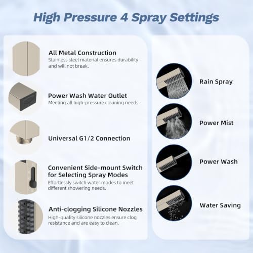 Hibbent 5-Mode 13" Rain Shower head, 4-Mode Handheld Shower, Brushed Nickel - Image 3