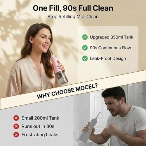 MOCEL Water Dental Flosser for Teeth - 350ML Large Tank 5 Modes & 6 Tips Cordless, Oral Irrigator Waterproof, Portable Teeth Cleaning and Flossing with Effective Plaque Remover for Adults (Pink) - Image 4