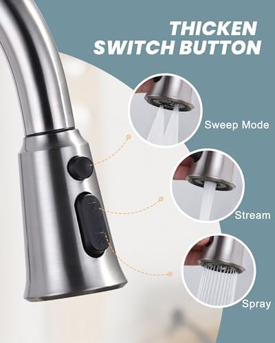 WOWOW Kitchen Faucet Head Replacement, 3 Function Pull Down Faucet Sprayer Head with 13 Adapters, Brushed Nickel Kitchen Sprayer Nozzle Compatible with Moen, Delta, Kohler Faucets - Image 2