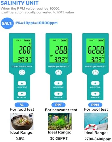 Pool Salt Tester - Multifunctional 5 in 1 Salinity, PH, TDS, EC, and Temperature Meter, Pool Salinity Testing Kit, Digital Salinity Tester for Swimming Pool,Saltwater, Sea Water, Aquarium - Image 3