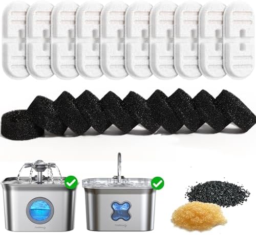 10 Pack New Version Replacement Filters + 10 Pump Sponges for Feelneedy Stainless Steel Cat Water Fountain [FN-W22]/[FN-W22X] - 99oz/2.8L Pet Water Fountain Filters by FEELNEEDY
