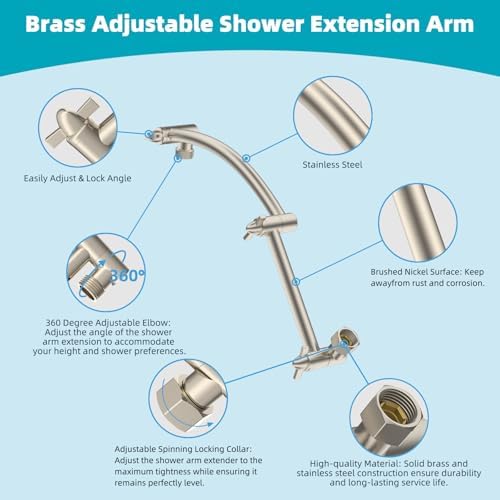 Hibbent Rain Filtered Shower Head, 13'' High Pressure Rainfall 5 Modes Showerhead with 16" Shower Head Extension Arm, Solid Brass Adjustable Shower Arm Extender, 20 Stage Shower Filter, Brushed Nickel - Image 6