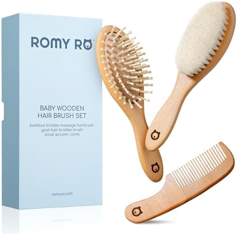 Wooden Hair Brush Set - Premium Baby Comb and Brush - Soft Natural Bristles - Organic Products - Perfect Registry Gift - Cradle Cap Brush for Newborns & Toddlers by RomyRo