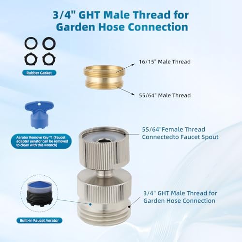 Hibbent Swivel Faucet Adapter Kit, Solid Brass 3/4" Garden Hose Connector, 360 Degree Kitchen Sink Faucet Adapter for Female & Male to Male, Brushed Nickel - Image 2