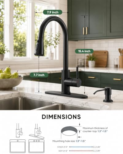 Kitchen Faucet with Pull Down Sprayer and Soap Dispenser, Black 304 Stainless Steel Single Handle with 3 Spray Modes, 18-Inch Hose, 10-Inch Deck Plate - Image 5