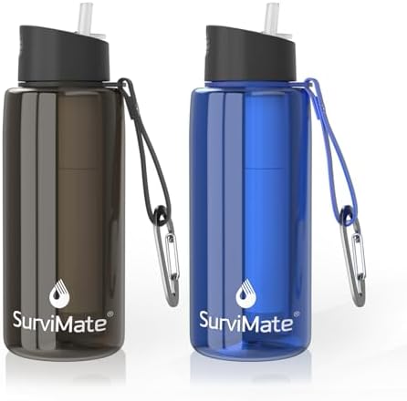 SurviMate Purified Water Bottle for Camping, Hiking, Backpacking and Travel, BPA Free with 5-Stage Intergrated Filter Straw by SurviMate