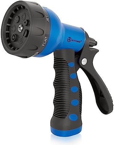 AUTOMAN-Garden-Hose-Nozzle,ABS Water Spray Nozzle with Heavy Duty 7 Adjustable Watering Patterns,Slip Resistant for Watering Plants,Lawn& Garden,Washing Cars,Cleaning,Showering Pets - Blue by AUTOMAN