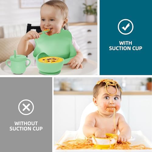 100% Silicone baby feeding set,BPA free Baby dishes set with Suction Bowl Divided Plate,Toddler Self Feeding Dish Set with Spoons Forks Sippy Cup And Bib, Baby Eating Utensils (Neon Green) - Image 5