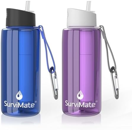 SurviMate Purified Water Bottle for Camping, Hiking, Backpacking and Travel, BPA Free with 5-Stage Intergrated Filter Straw by SurviMate
