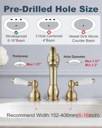 Aolemi Widespread Bathroom Sink Faucet 3 Hole White Lever Brushed Gold - Image 3