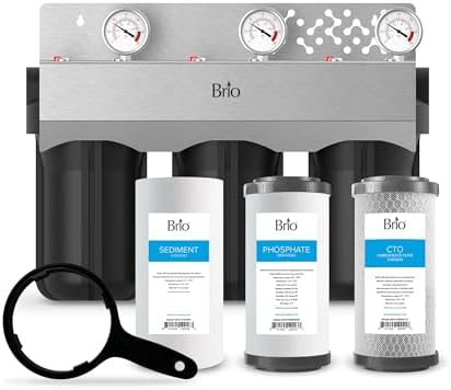 Brio Whole House Water Filter System w/Gauges | 3 Stage Fast-Flow Filtration (Sediment, Phosphate Anti-Scale, CTO Carbon Block) 4.5" x 10" Filters | Improves Taste, Protects Home Appliances | 720 GPH by Brio