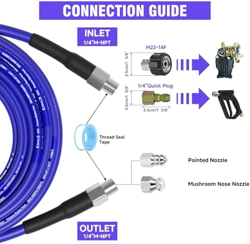 NIFUAL 25FT Sewer Jetter Kit for Pressure Washer, 5800PSI Drain Cleaner Hose 1/4 Inch NPT Corner, Rotating and Button Hose Sewer Jetting Nozzle Waterproof Tape Pearl Corsage Pin Spanner Glove - Image 2