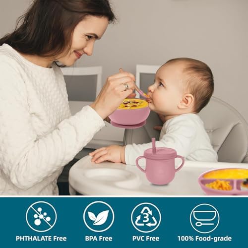 100% Silicone Baby Feeding Set,BPA Free Baby Dishes Set with Suction Bowl Divided Plate,Toddler Self Feeding Dish Set with Spoons Forks Sippy Cup and Bib, Baby Eating Utensils (Coral) - Image 6