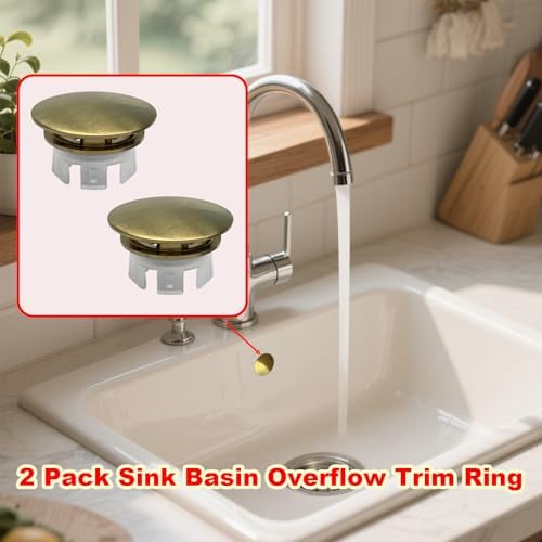 2 Pack Sink Basin Overflow Trim Ring,Solid Brass Bathroom Sink Trim Overflow Cover,Bathroom Kitchen Sink Trim Overfolow Cover Insert in Hole Round Caps(Gold) - Image 6
