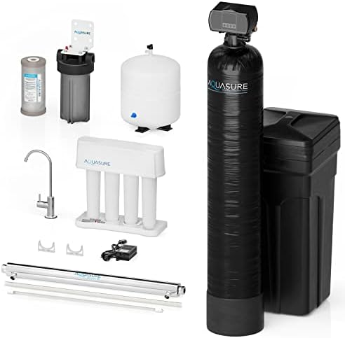 Aquasure Whole House 48,000 Grain Water Softener with 12 GPM UV Water Sterilizer System - Triple Purpose Pre-Filter - 75 GPD RO System Bundle by Aquasure
