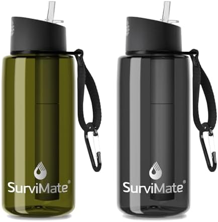 SurviMate Purified Water Bottle for Camping, Hiking, Backpacking and Travel, BPA Free with 5-Stage Intergrated Filter Straw by SurviMate