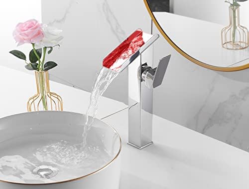 Chrome Bathroom Faucet LED 3 Color Changing Light Waterfall Vessel Sink Faucets Single Handle One Hole Bowl Sink Faucet Vanity Lavatory Deck Mount Bath Mixer Tap Tall Body Modern with Supply Lines - Image 4