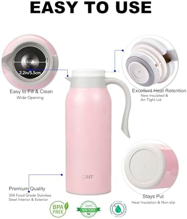 GiNT 51 Oz Stainless Steel Thermal Coffee Carafe, Double Walled Vacuum Insulated Flask, 12 Hour Heat Retention, 1.5 Liter Tea, Water, and Coffee Dispenser (Upgraded version Pink) - Image 3