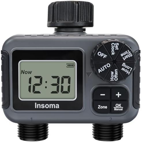 Insoma 2-Zone Sprinkler Timer, Programmable Garden Hose Timer with Auto/Manual/Rain Delay Modes | Water-Saving Irrigation Controller for Lawn, Yard & Drip Systems | Waterproof Design & Easy Setup by Insoma