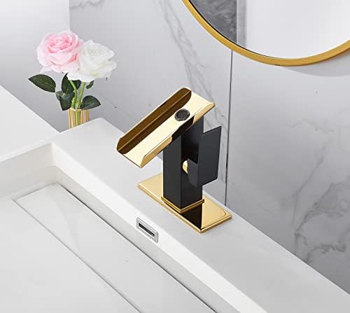 Bathroom Sink Faucet Black Gold 1 Hole Single Handle Waterfall Open Spout Bath Faucets Brass Sinks Lavatory Bath Vanity Faucets Basin Mixer Tap Supply Line Golden Hole Cover Plate - Image 5