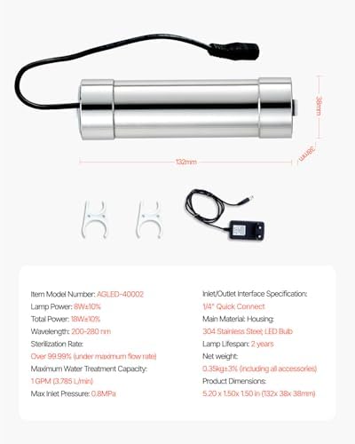 VEVOR UV Water Purifier, 8W 1GPM, 110V Versatile Ultraviolet Water Purifier Filter with Stainless Steel Housing, Whole House UV Water Filter with Quartz Sleeve Fit for Shower/Drinking/Cleaning - Image 7