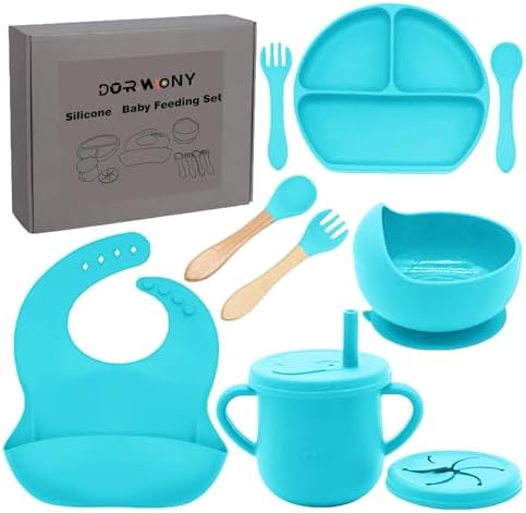 100% Silicone baby feeding set,BPA free Baby dishes set with Suction Bowl Divided Plate,Toddler Self Feeding Dish Set with Spoons Forks Sippy Cup And Bib, Baby Eating Utensils (Cyan Blue) by Dormlony