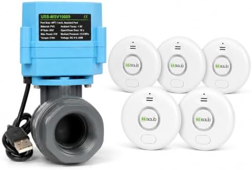 U.S. Solid Smart WiFi Water Leak Alarm(5-PACK) Bundle with 1 Inch PVC Motorized Ball Valve, Smart Life App Automation, Remote Water Shutoff by USSolid