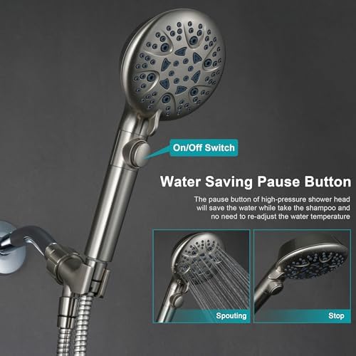 GwernKB Brushed Nickel Shower Heads Handheld with On Off Switch,8-Mode High Pressure Shower Wand with 79In Stainless Steel Hose&Bracket PLUS Low-Reach Adhesive Wall Mount Holder for Kids&Elderly - Image 2